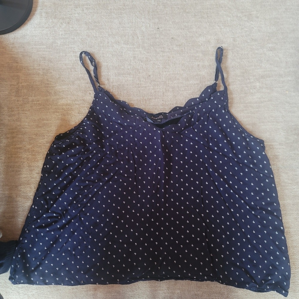 Amaryllis Navy White Sailboat Print Cami Top Women's 2XL Viscose Scalloped Trim